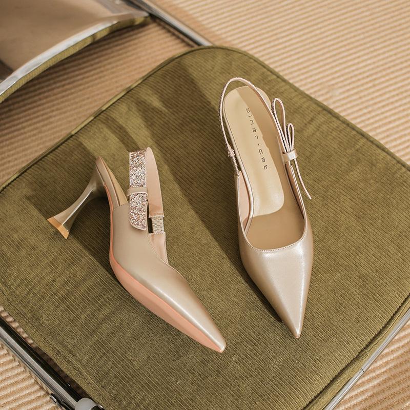 73217 [овчина] туфли на высоком каблуке женские тонкий каблук 2025 новая сумка голова пустые босоножки французские заостренные туфли