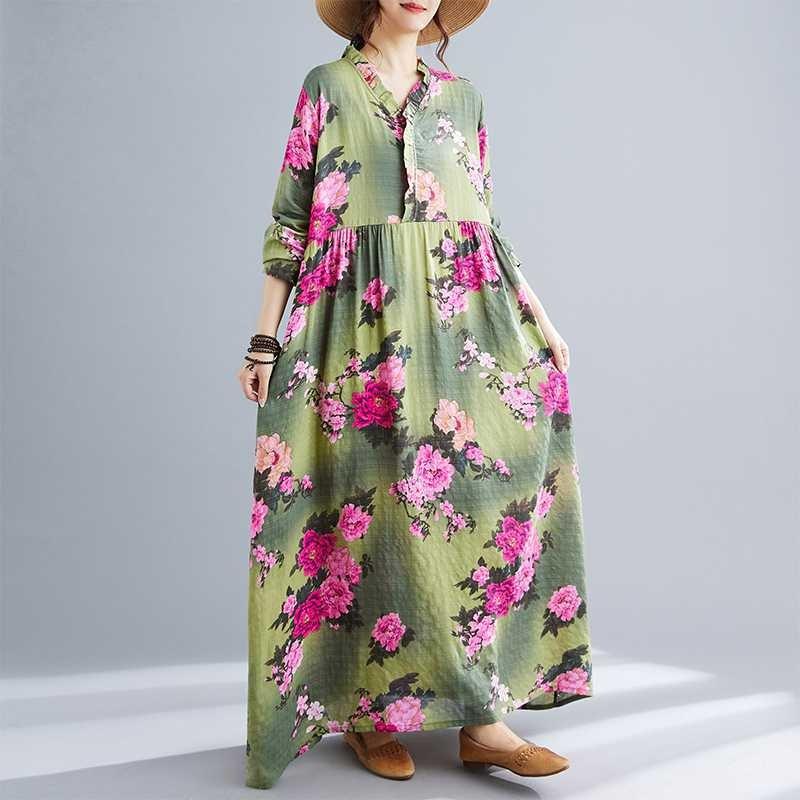 Bohemian Printed Loose Long Sleeve Hem Long Dresses