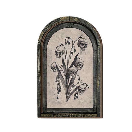 Dark Floral Halloween Art Arched Wooden Wall Decor, Ghost Cat Double-Layer Hanging Ornament, Distressed Gothic Medieval Window Style Decor Tabletop