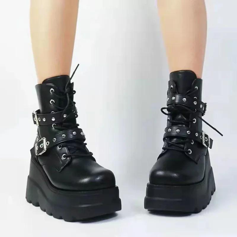 Fashion New Women's Pu Leather Ankle Boots Women Autumn Winter Round Toe Lace Up Shoes Woman Motorcycle Platform Botas Gothic Shoes