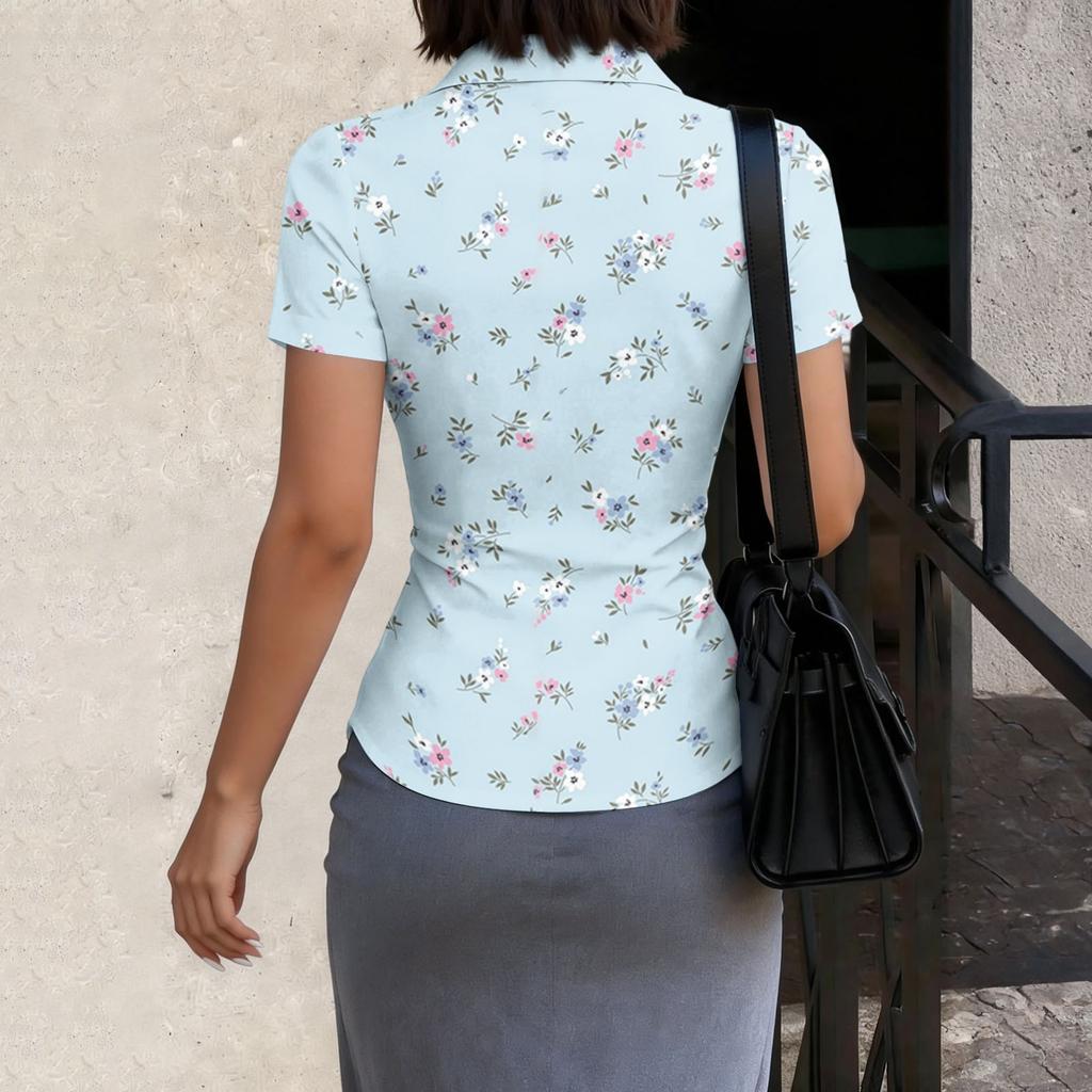 Women's Short Sleeve Button Down Shirt Slim Fit Collared Blouse Lightweight Casual Workwear Top for Summer