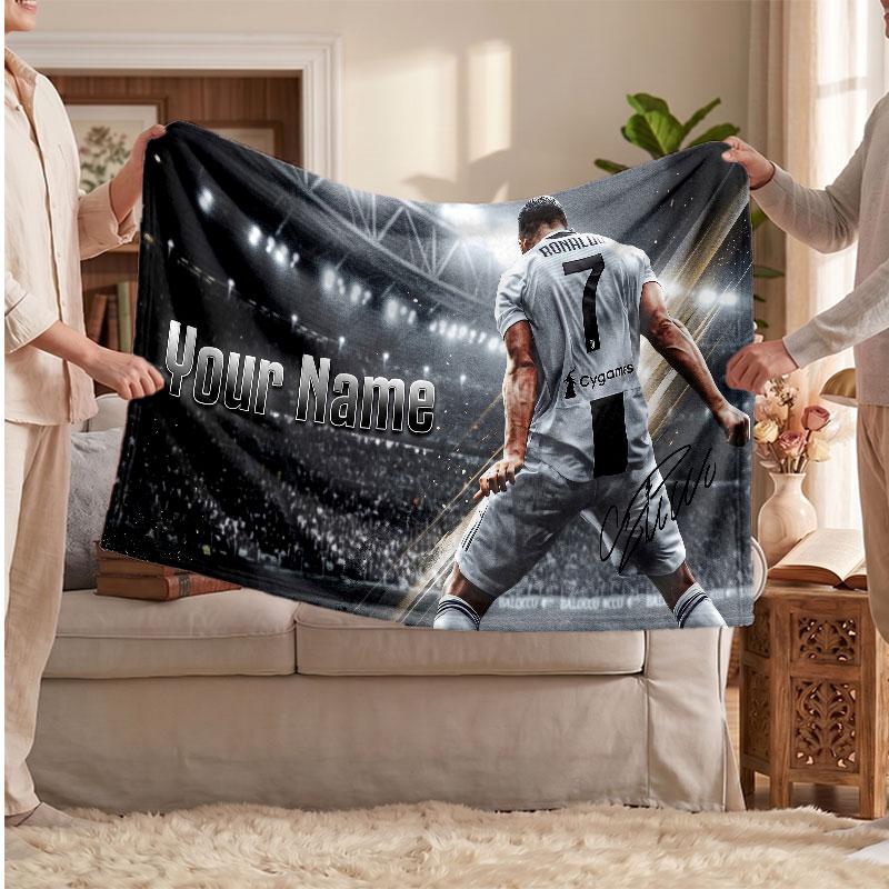 Cristiano Ronaldo Personalized Fleece Blanket With Football Logo, Custom Name Text Soft Warm Home Throw Blanket
