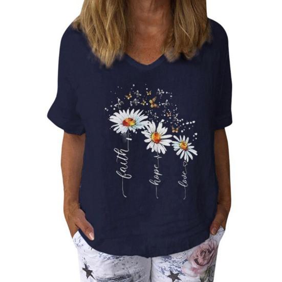 Casual Women T-shirt V Neck Marguerite Butterfly Printed Short Sleeve