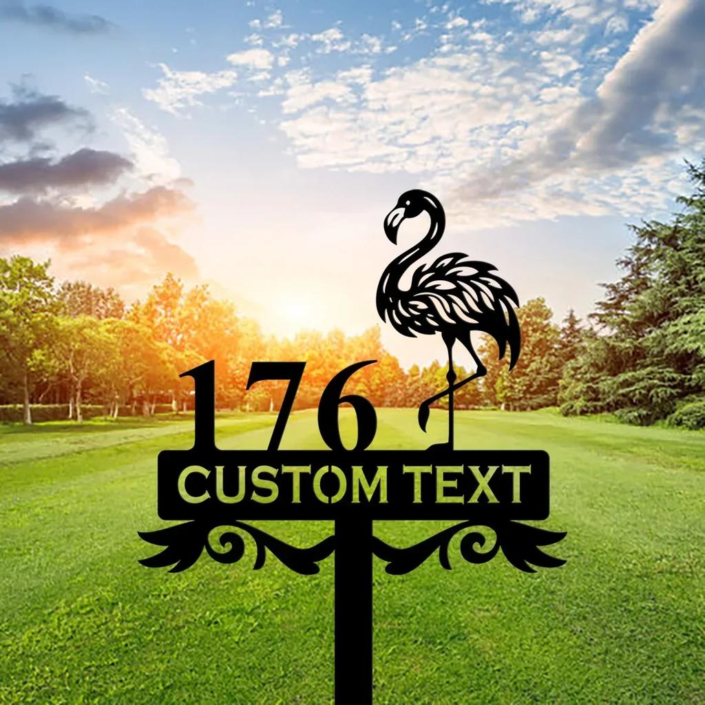 Metal Flamingo Address Sign, Beach House Number Stake, Tropical Garden Plaque, Personalized Outdoor Metal Decor