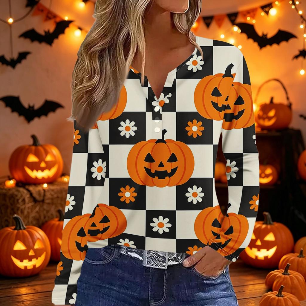 Женская повседневная футболка с длинным рукавом и V-образным вырезом, украшенная пуговицами, с принтом на Хэллоуин: тыквы и конфеты