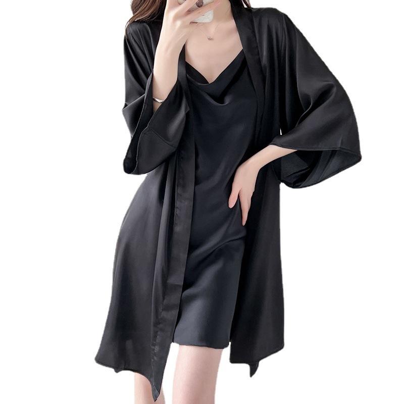 Sexy pajamas women's summer 1011 new ice silk suspender nightgown set Internet celebrity live broadcast explosion long-sleeved loungewear