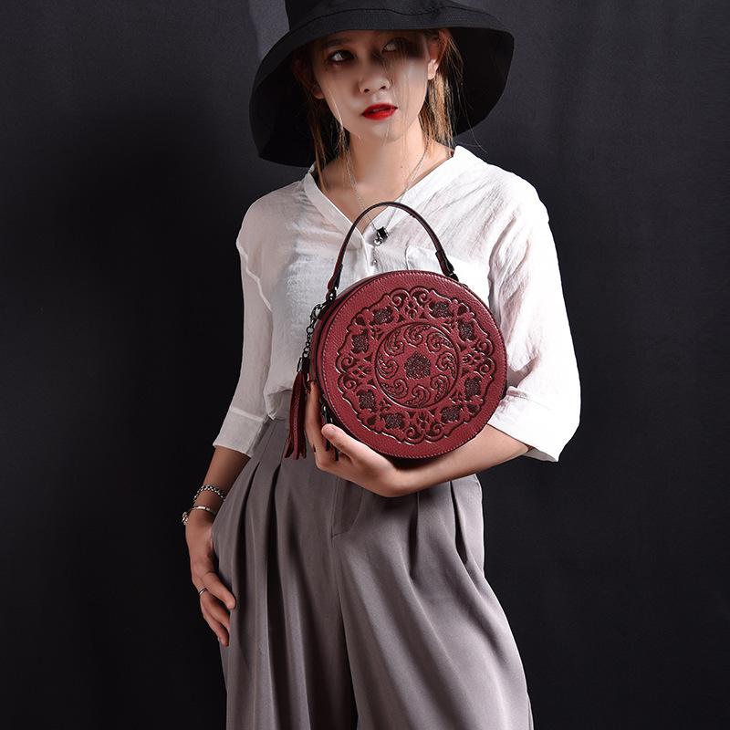 Новая сумка через плечо круглая кожаная женская сумка в китайском стиле литературная ретро сумка женская сумка