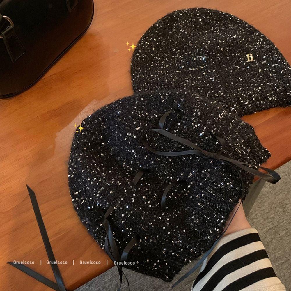 Black Bowknot Beanies Hat Warm Cap Knit Cap Retro Sequin Knitted Hat Apparel Accessories