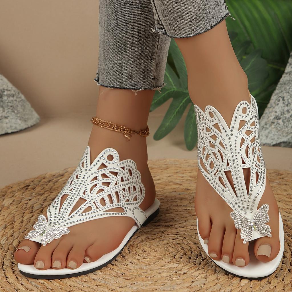 Woman Butterfly RhinestoneFlat Slippers  Luxury Designer Sandals Casual Bottom Slippers Summer Women Sandals Shoes for Women