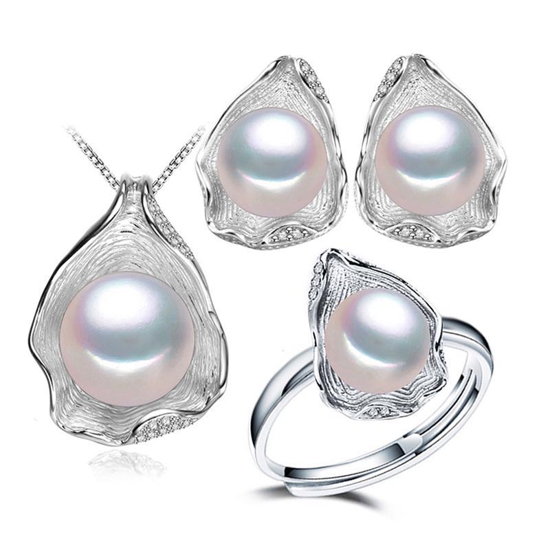 LSOOYH Shell Design Natural Freshwater Pearl Earrings Ring CZ Cubic Zirconia Necklace Jewelry Sets