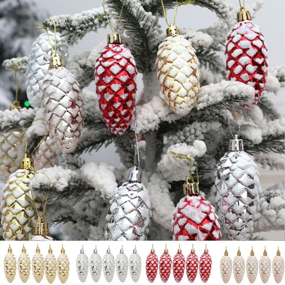 5Pcs Plastic Pine Cone Balls Hanging Pendants Small Christmas Ornament Theme Party