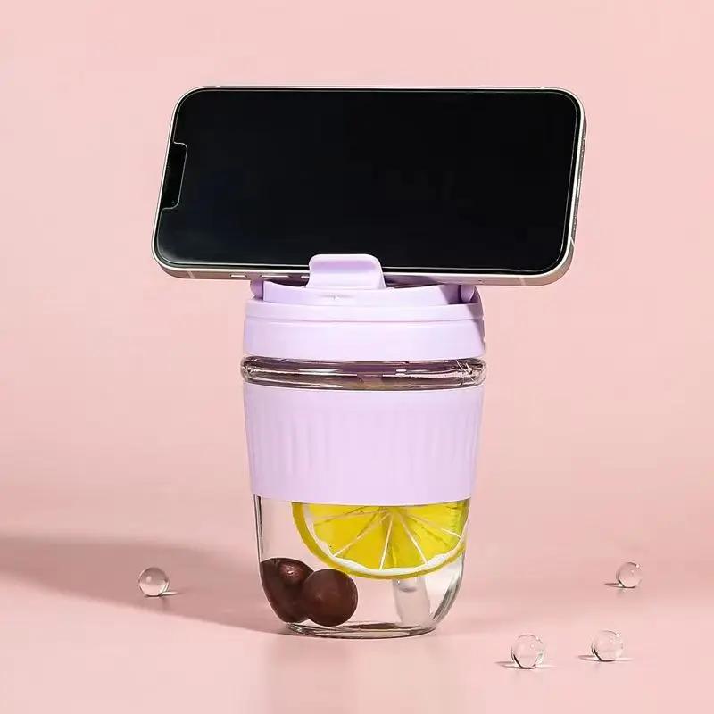 Стеклянная чашка для воды Портативная чашка для чая Молочная кофейная чашка для подарка Женская милая стеклянная чашка для напитков с крышкой и соломинкой Двойные чашки для питьевой воды