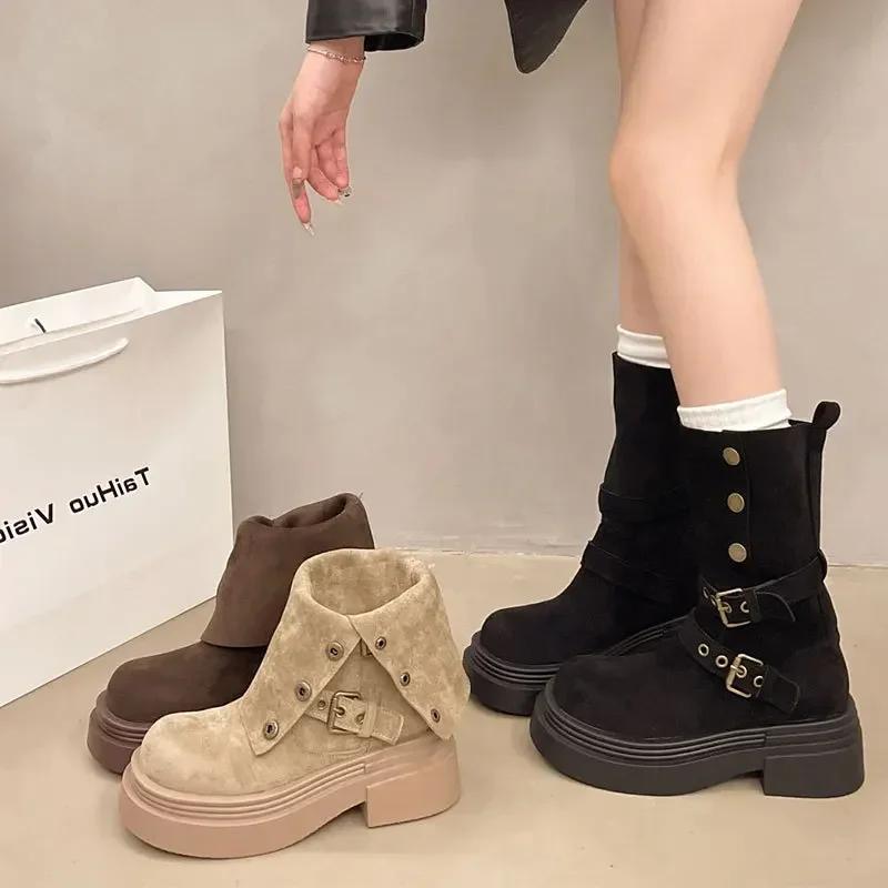 Women's Long Boots Fashion Platform Height Increasing Outdoor Knight Boots 2025 Spring Autumn New Retro Belt Buckle Women Shoes
