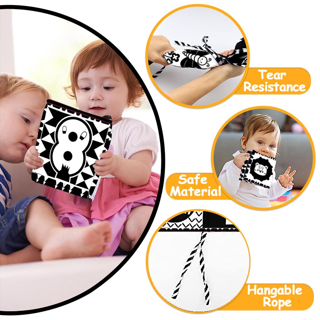 Детская тканевая книга Черно-белые высококонтрастные сенсорные игрушки Раннее образование для малышей Сенсорная активность Тканевая книга для младенцев