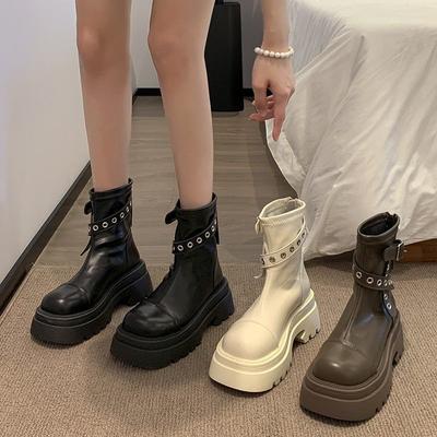 Женские черные ботинки на толстой подошве в британском стиле, новая осенняя модель, увеличивающие рост, универсальные, в стиле ретро, тонкие короткие ботинки, облегающие ботинки