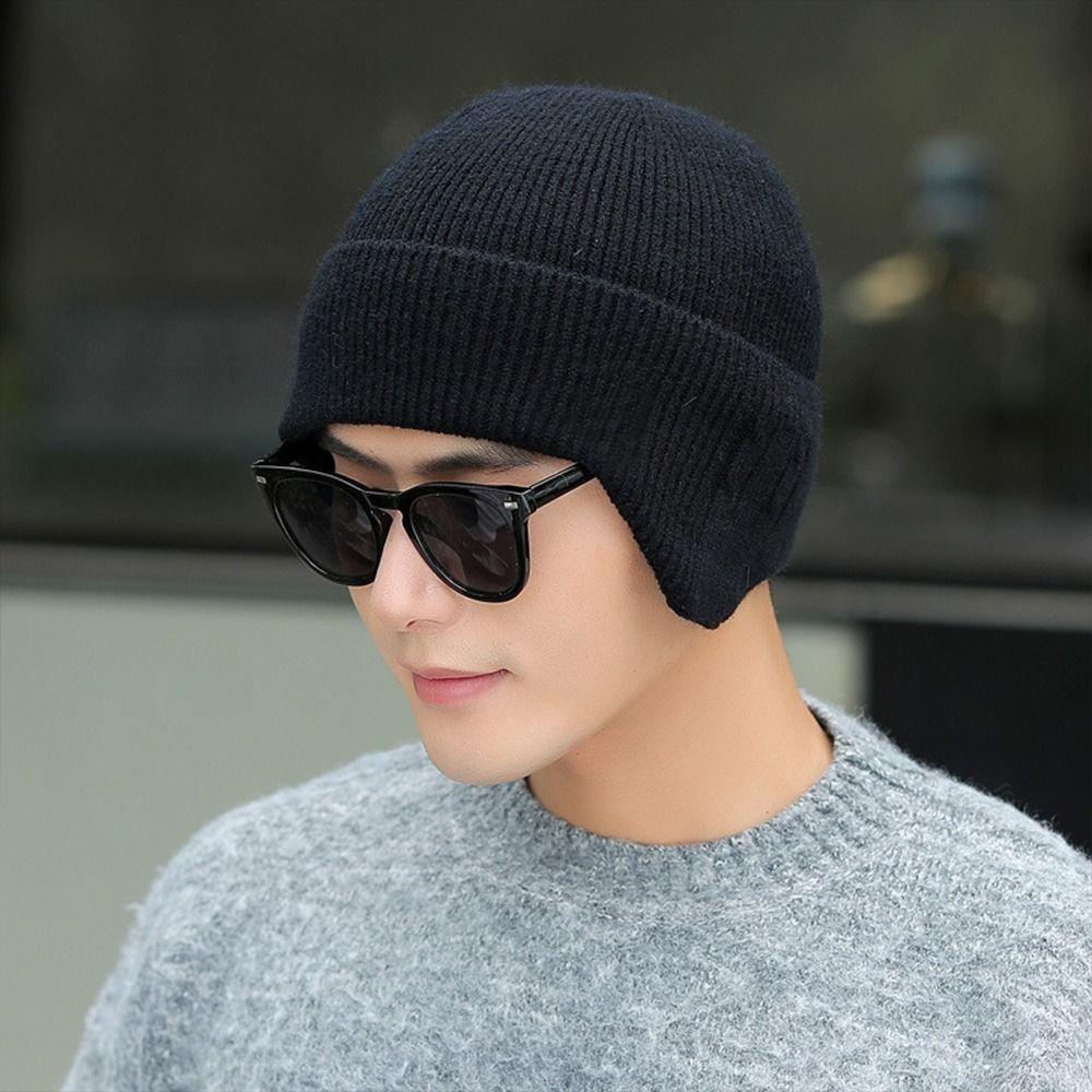 Thick Knitted Earmuff Hat Solid Color Warm Beanie Hat Fashion Winter Earmuff Cap Men Women