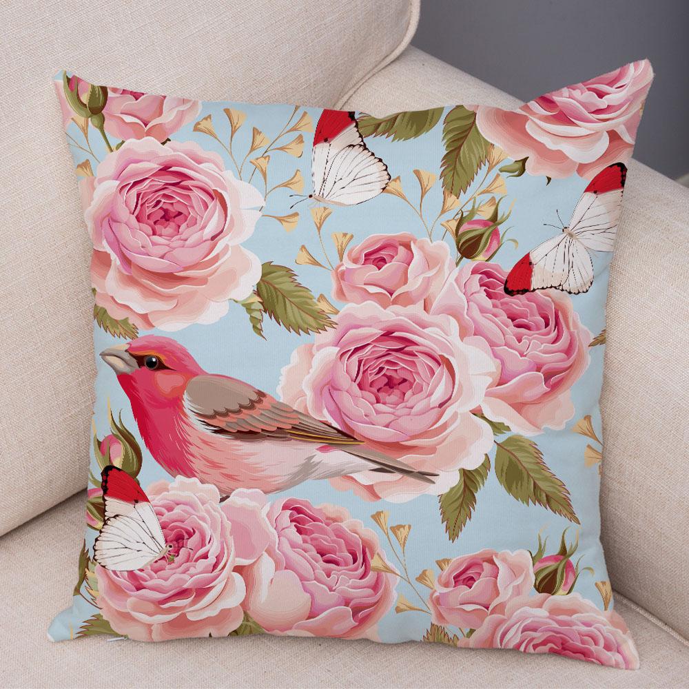 Rose Red Flower Pillowcase Decorative Bird Flower Plant Pillowcase Cushion Sofa Home Car