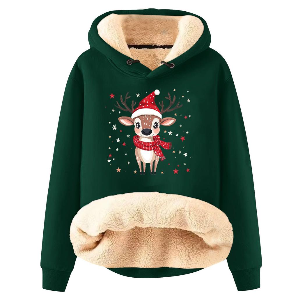 Women's Fashion Hooded Padded Thickened Warm Christmas Printed Loose Pullover Sweatshirt