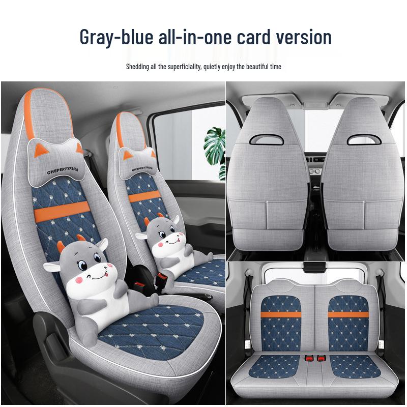 Cartoon Linen Seat Cover for Wuling Hongguang MiniEV Macaron – Full Wrap Interior Cushion