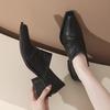 Small Leather Shoes Black New Square Head Pleated Wizard Shoes Washed Soft Leather Thick Heel Deep Mouth Single Shoes