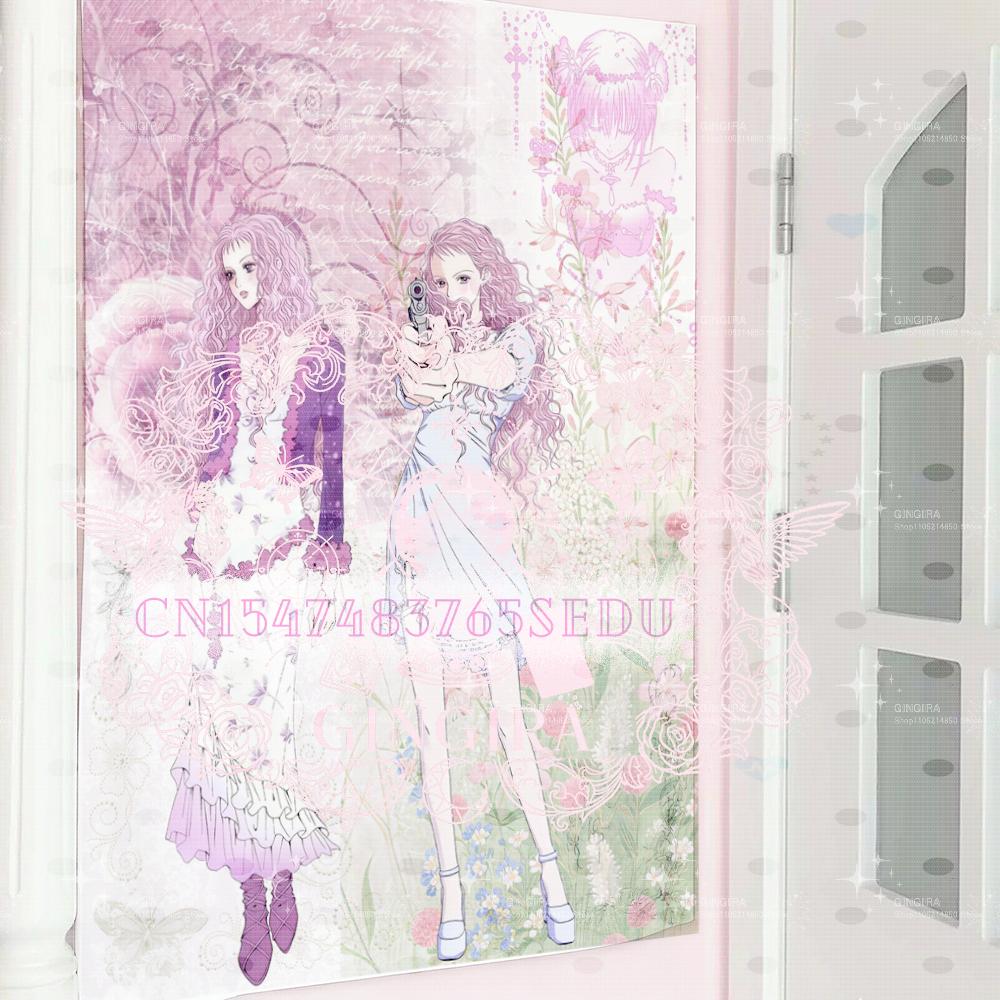 NA Anime Girl Tapestry, Vintage Pink Floral Cartoon Wall Hanging, Aesthetic Kawaii Tapestry for Bedroom Living Room Dorm Decor
