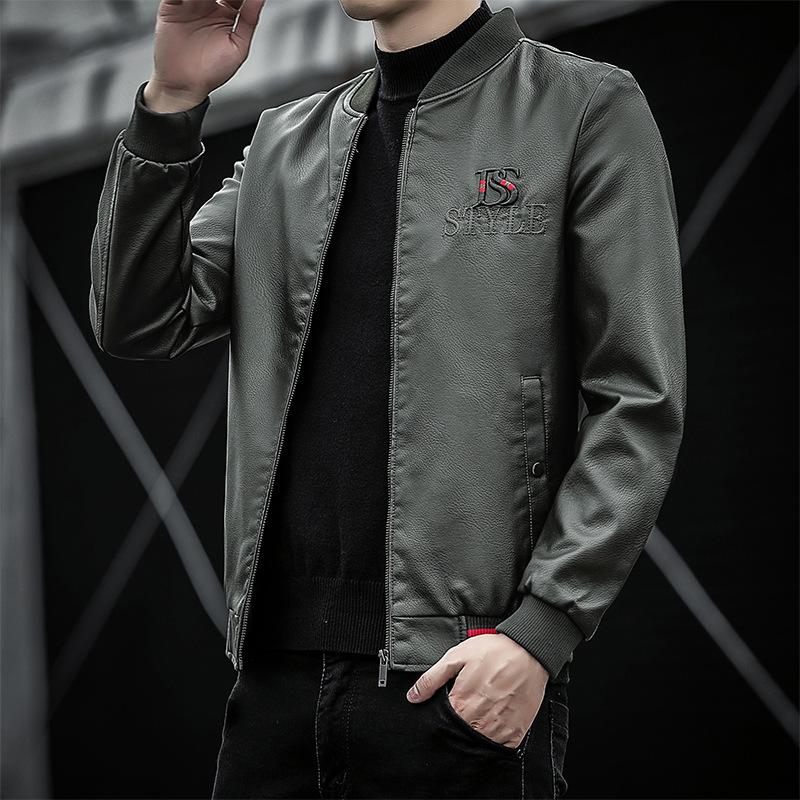 Осенне-зимняя новая мужская облегающая кожаная куртка с бейсбольным воротником, тонкая флисовая молодежная мотоциклетная мужская куртка из искусственной кожи