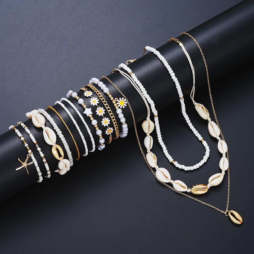 17KM Fashion Minimalist Bohemian Rice Bead Shell Starfish Multi-layered Anklet Necklace Star Daisy Bracelet Jewelry Set for Women