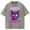 Pussy Power Cat Print Women's T-Shirt Washed Crew Neck Short Sleeve Street Cool Top Unisex