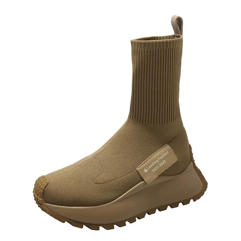 Ботильоны на платформе с носками, женские осенне-зимние повседневные высокие эластичные удобные ботинки из трикотажной ткани, женские ботинки на толстой подошве