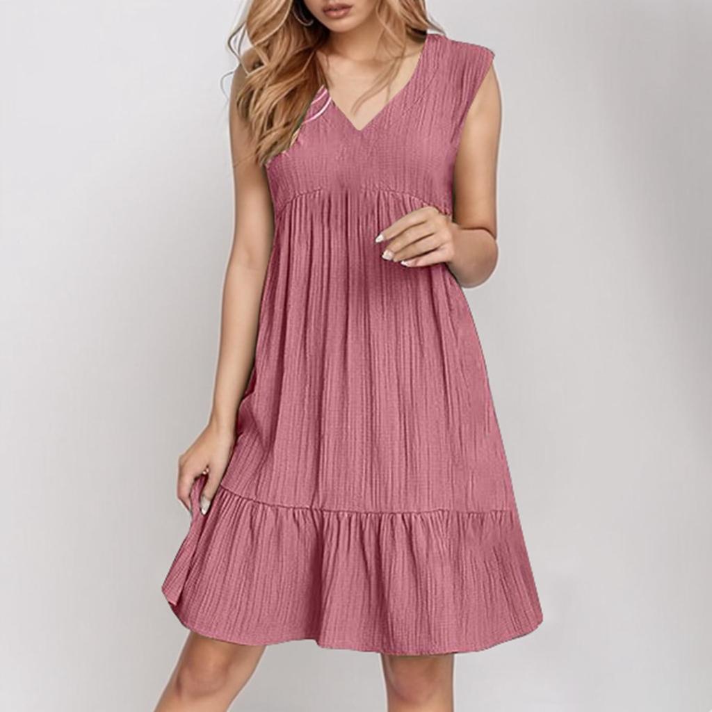 Ladies' Casual And Fashionable Solid Color Dress, Loose Sleeveless Waist Cinched Dress