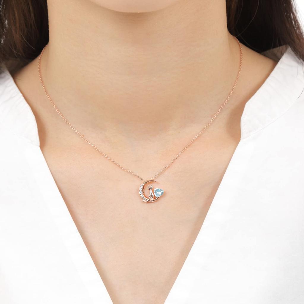Cubic Zirconia Silver SV925 Cat Moon Heart Necklace for Women Pink [Petit Chaton] (1-02 Gold-Blue)