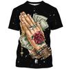 Summer Pray Hand 3D Printed T-shirt Street Wear Men's Fashionable Round Neck Top