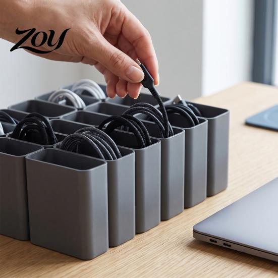 Cable Storage Box Organizer Box, Multi?Compartment Desk Tray for USB Cables Chargers Earbuds Clear Desktop SD Cards, Open Grid Accessory Holder
