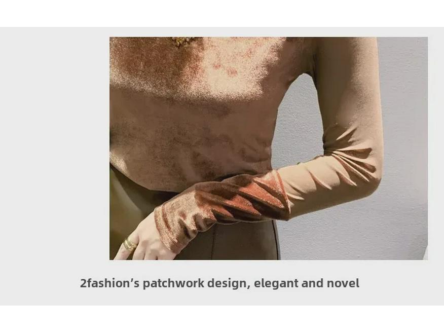 Осенняя приталенная футболка с бисерной лоскутной отделкой, полувысоким воротником и длинными рукавами для женщин