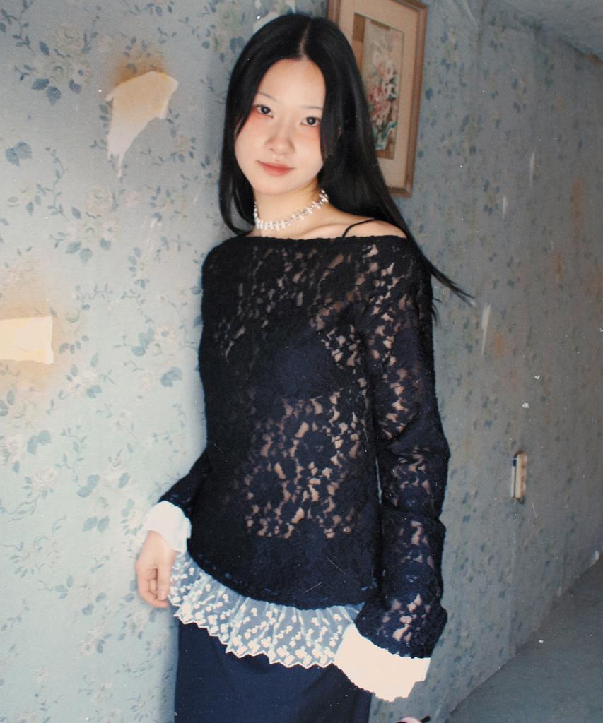 RUBATI Sofia Boat Neck Frill Lace Long Sleeve T-Shirt_Black