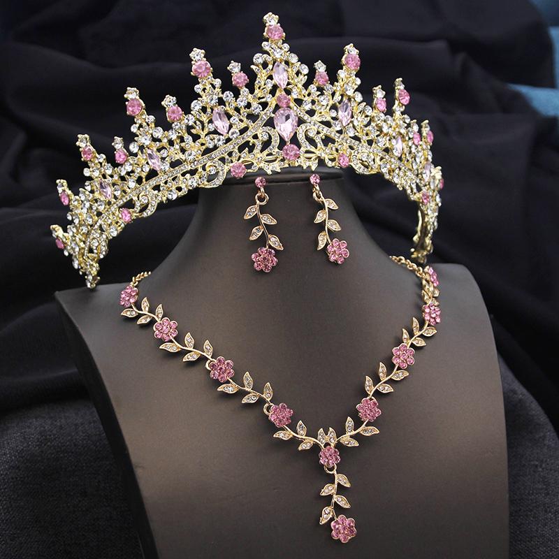 3 Pcs Pink Bridal Jewelry Sets for Women Crown Flower Choker Necklace Earring Wedding Tiara Bride Costume Accessories