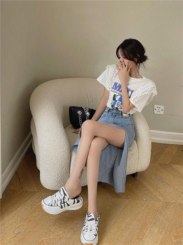 2021 Women's High Waist Slim Fit Denim Midi Skirt with Side Slit