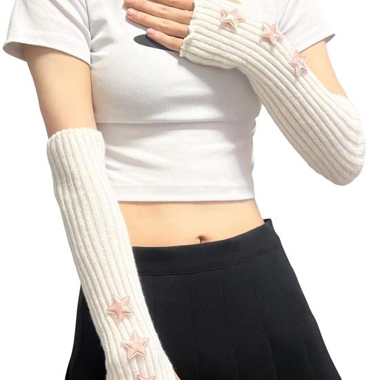 Вязаные митенки для девочек, длинные перчатки до запястья без пальцев, зимние нарукавники со звездой и отверстием для большого пальца для женщин, уличная одежда, вечеринки