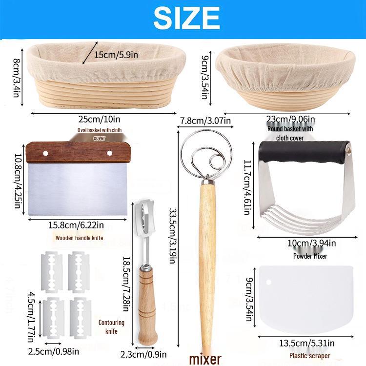 Набор корзин для ферментации: Плетеная корзина для хлеба, скребок, миксер и овальная форма для выпечки. Европейский стиль для ремесленного хлеба.
