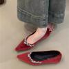 Temperament Rhinestone Pointed Single Shoes Women's 2025 Spring New French Sweet Velvet Red Shallow Mouth Soft Sole Evening Shoes