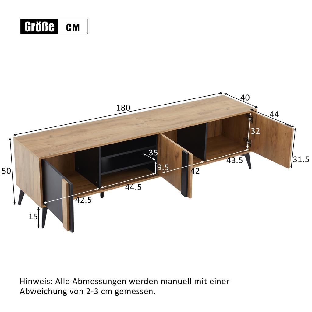 TV-Schrank Fernseher bis zu 80 Zoll, Moderner TV Lowboard 3 offenem Fach, TV Kommode, Wohnzimmer Esszimmer, Braun & Schwarz, 180x40x50cm