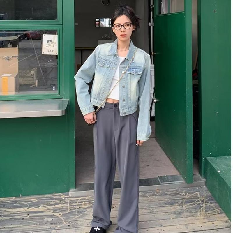 IHUASU Женская винтажная повседневная джинсовая куртка и пальто с длинным рукавом и воротником-поло на осень и зиму