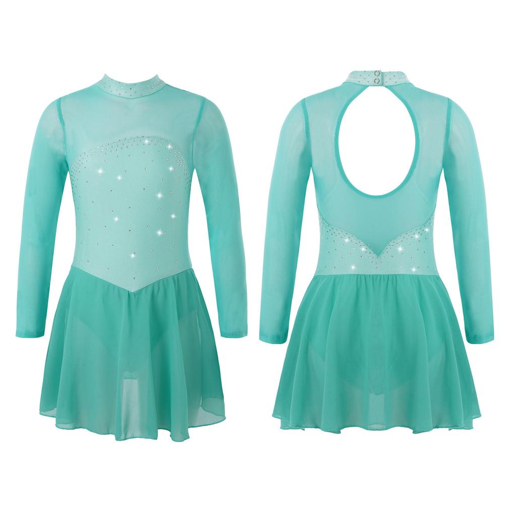 Children Girls Shiny Rhinestones Mesh Keyhole Back Figure Ice Skating Dress Long Sleeves Roller Skating Ballet Dance Leotard Dress