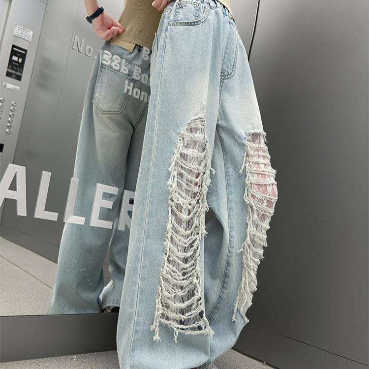 Джинсы с дырками для девочек, детские модные кружевные брюки с широкими штанинами, летние брюки