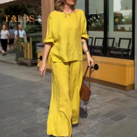 2Pcs/Set Women Casual Outfit O-neck Long Sleeve Tops Elastic Waist Wide Leg Long Pants Set Solid Color Loungewear