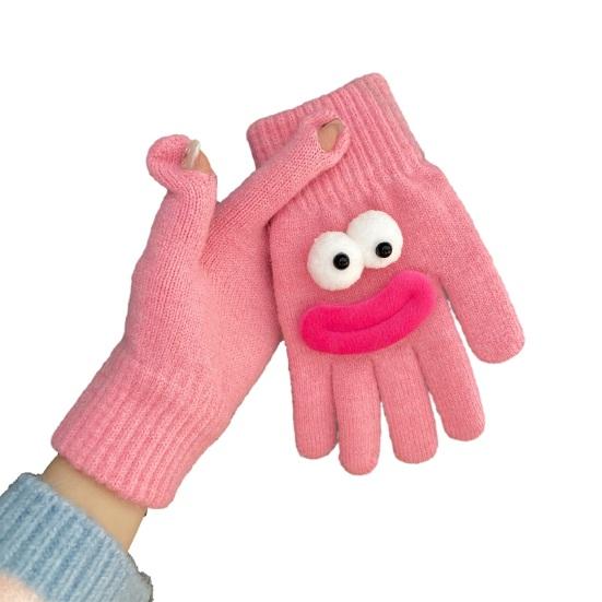 Забавные мультяшные вязаные перчатки, милые перчатки с большими глазами, теплые перчатки, зимние ребристые перчатки с сенсорным экраном для вождения, поездок на работу, езды на велосипеде, повседневных дел
