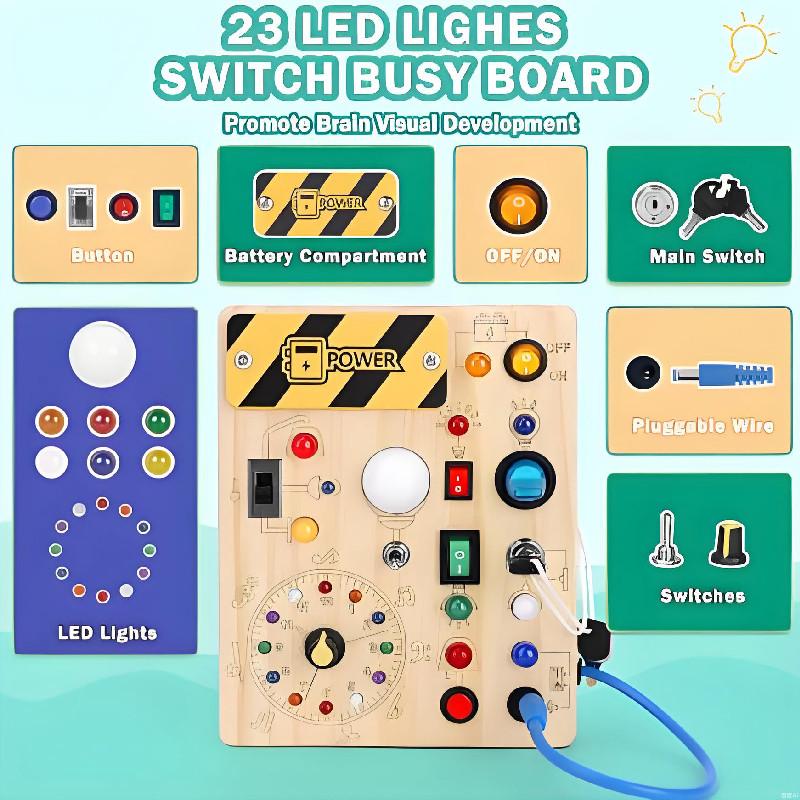 Board Busy Montessori Kids Activity Wooden Toy With Switches Led Sensory Light