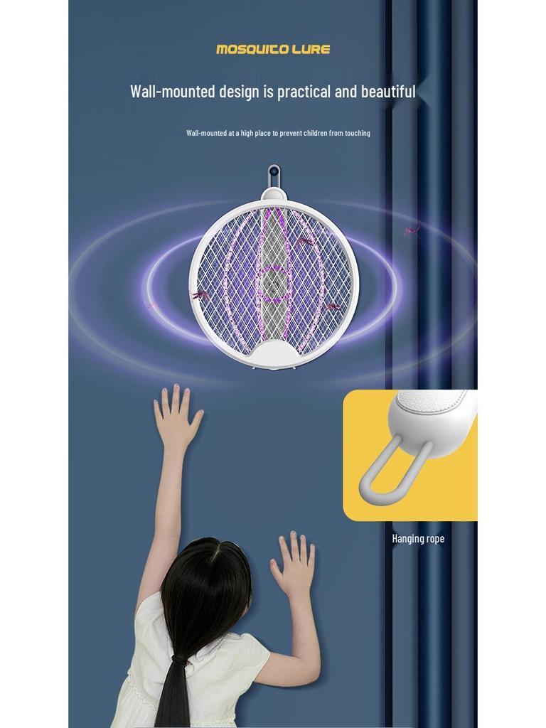 Перезаряжаемая от USB складная лампа-уничтожитель комаров с мухобойкой и вращающимся настенным креплением