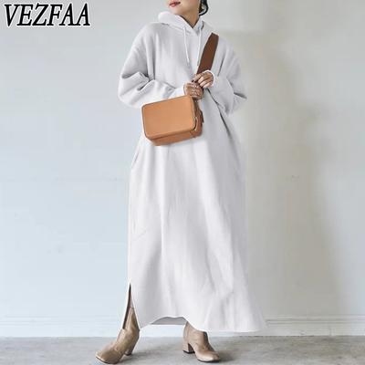 Женская мода весна осень однотонный принт длинный рукав капюшон свободная талия повседневные платья