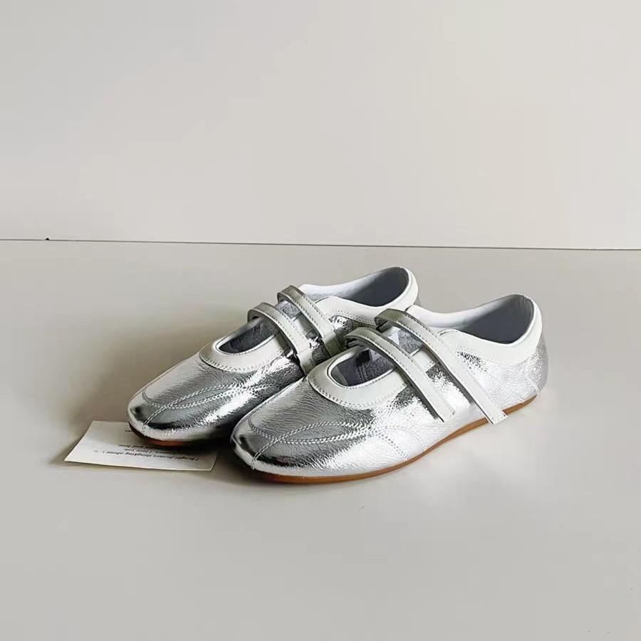 Женские туфли из овчины, увеличивающие рост, серебристые туфли Мэри Джейн на липучке, универсальные туфли на плоской подошве с круглым носком, женские балетки